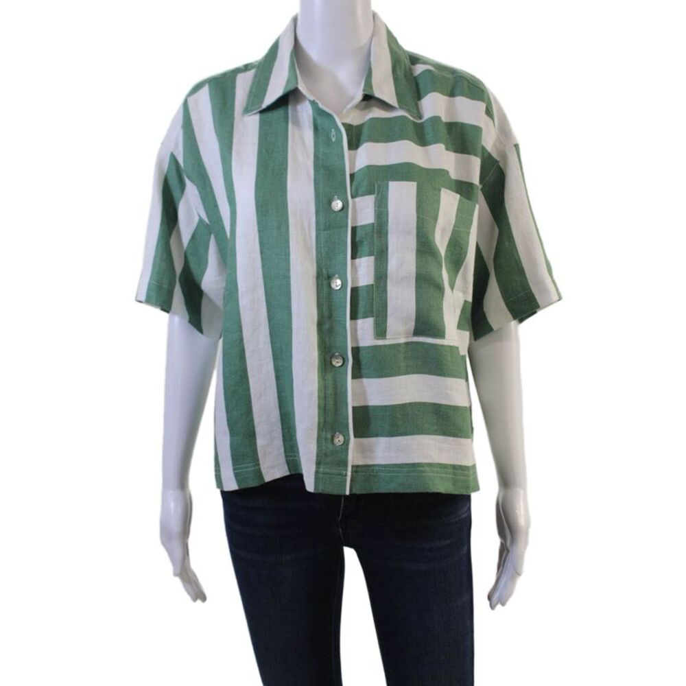 Electric & Rose Women Cropped Button-Up Green Linen Short Sleeve Size XS
